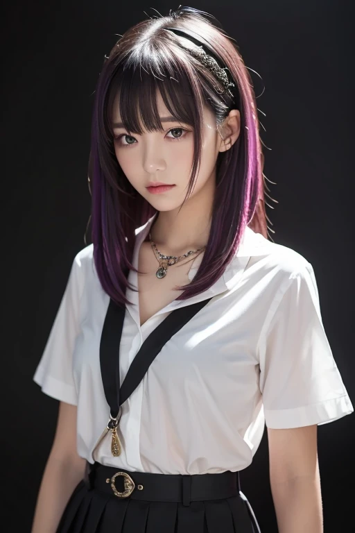 Masterpiece, 1 girl,Alone, A faint smile, metal necklace , white shirt, Modern uniform , accessories, purple and black two-tone hair color, Unique Hairstyle , stylish, black background