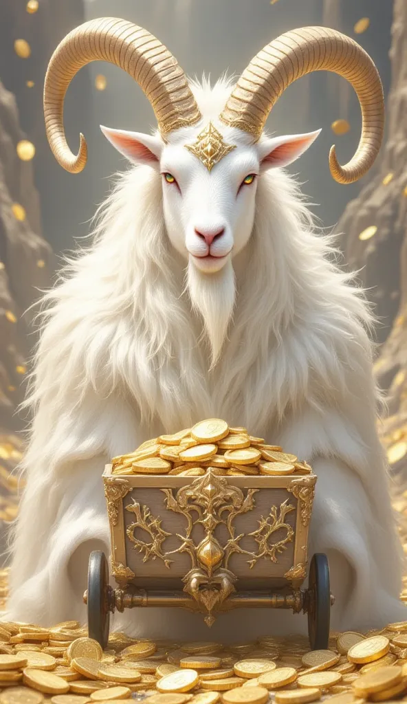 (best illumination, best shadow, masterpiece, best quality), anthropomorphic white king goat, majestic, intimidating, powerful, epic, royal armor of  white and gold with intricate details, clean lines, perfect illustration,The surrounding scenery is gold c...