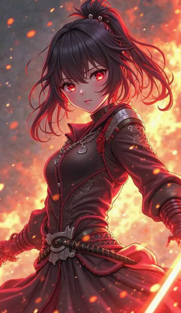 A character she is a girl she has blood red eyes she has a sword she has firepower she is very strong she can kill whoever she wants without even an effort in anime