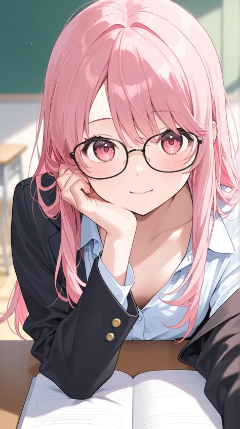 Pink Hair、chest、cute、 long hair、 high school student、glasses