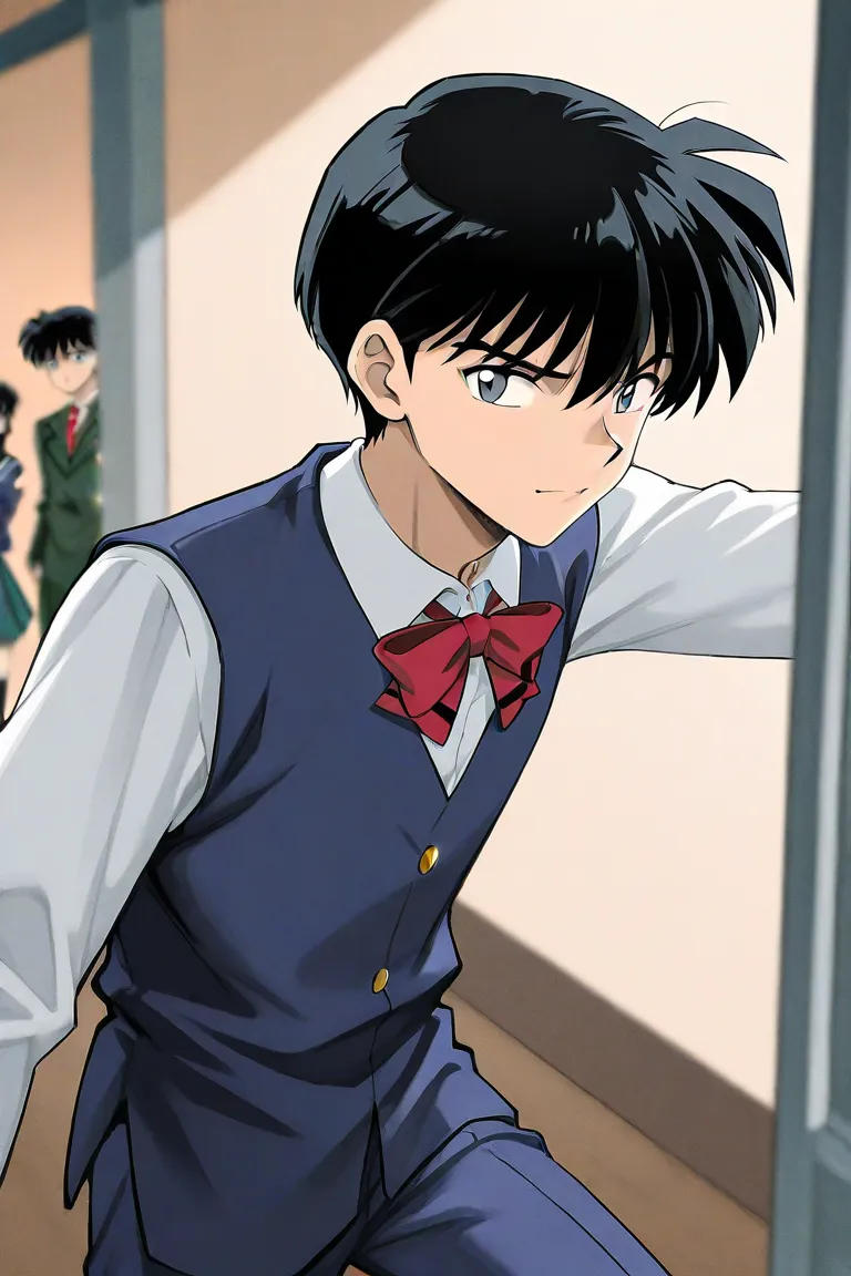 One boy. A tall handsome 18 years old boy with Black short hair, light cold gray eyes, cooky, wearing blue school uniform. The boy is joking. Inuyasha manga art style. Full body.