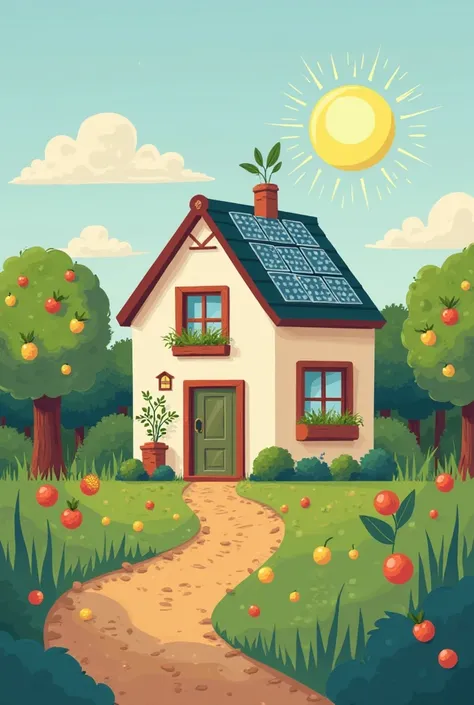  Illustration of a home with ecological elements (solar panels, Orchard , LED bulbs, etc.). Animated and simple to make it easy to draw to serve as an example of saving energy. easy to draw 