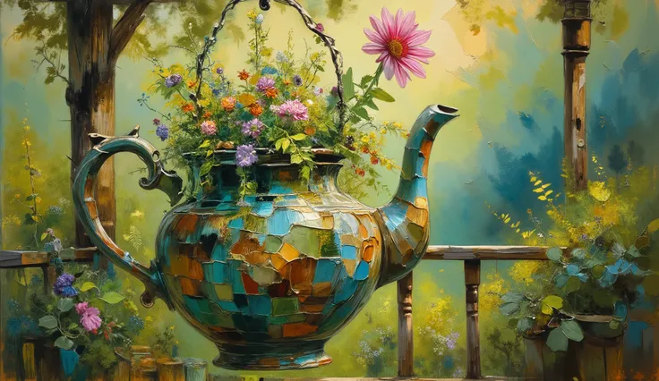 an oil painting of a hanging teapot garden by Claude Monet, ceramic teapot without its lid filled with sprawling ferns and wild flowers, a single vibrant flower growing from the spout, suspended from a plant hook on the veranda of a country home, impressio...