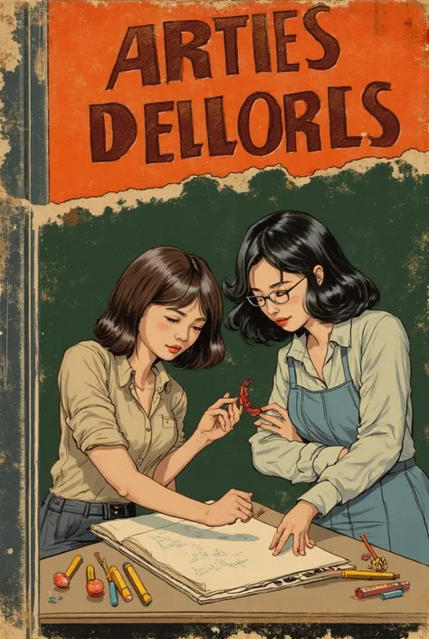 classic comic book cover “CHINESE ART STUDENTS”, bold font, classic horror font, stroke embossed border, two chinese female art teachers, one has shorter thick hair, the other thinner hair, glasses, teaching art to college studenrs, retro humor and romance...