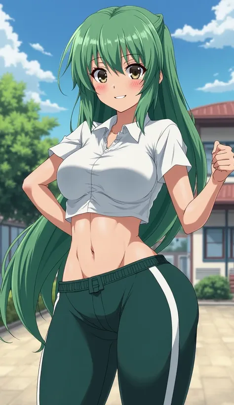 Anime Sexy, daring woman, posing sensually, provoking the viewer, green hair, dressed in a white short-sleeved T-shirt, collared T-shirt, huge and juicy chest, big buttocks, long dark green sports pants with a white stripe on the sides, in the school yard.