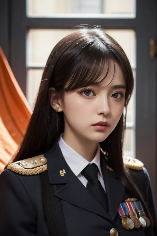  white girl with long black hair is wearing a military uniform,  Orange Cape , Big hazel eyes,  Science Fiction , Dark mood, 