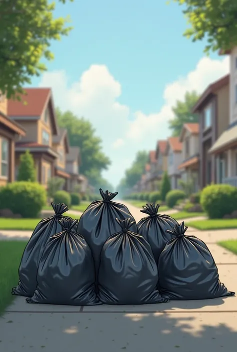 few black bags of garbage in front of many houses in the neighborhood