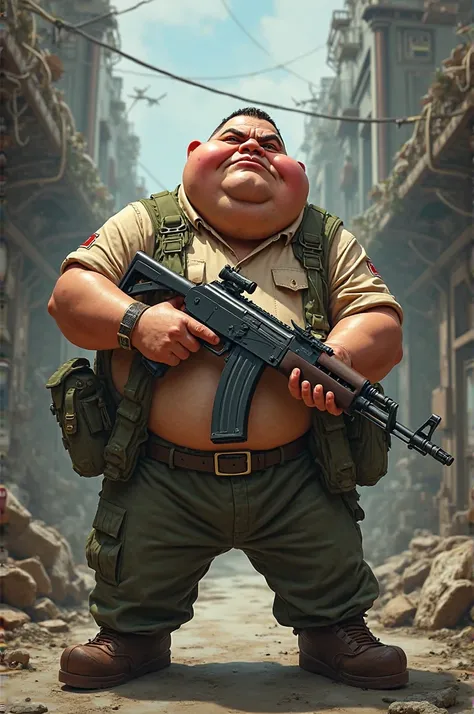 Give me an image of a sking De Frefire with a chubby character and with the ak47 in his hand 