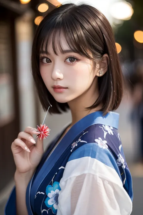 ((Masterpiece, top quality, Ultra Fine, high definition )), Alone, beautiful girl , Eyeliner, perfect eyes, , blue theme, yukata, firework