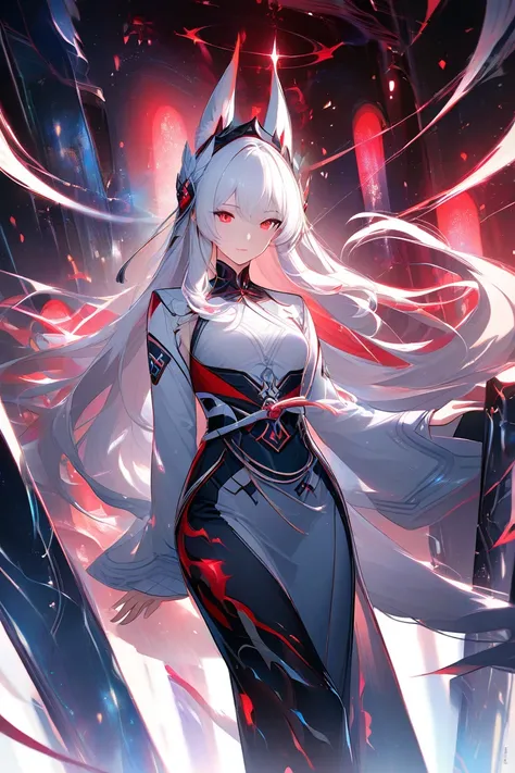 Anime style girl with white cat ears white hair long red eyes  ,sex