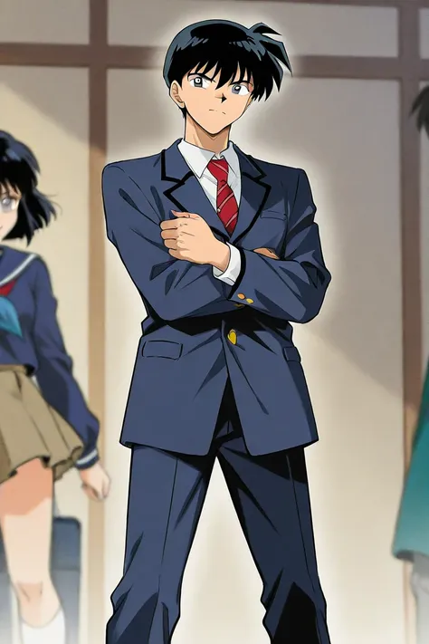 One boy. A tall handsome 18 years old boy with Black short hair, light cold gray eyes, cooky, wearing blue school uniform. The boy is joking. Inuyasha manga art style. Full body.