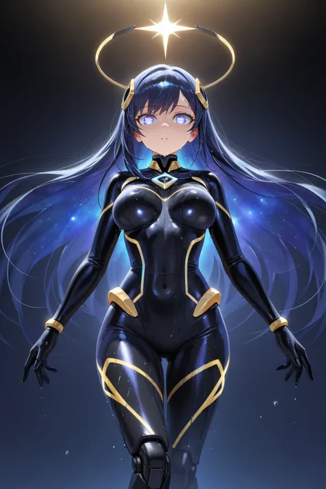 、 best thighs、 Genshin、Halo、beautiful skin、Clear shadows、front、、dark blue hair 、Galaxy Eyes 、black tights、 bodysuit、mechanical、The body of a galaxy、 wet body