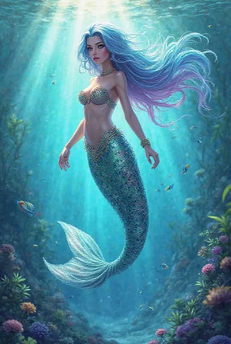 Blue and pink mermaid with long tail