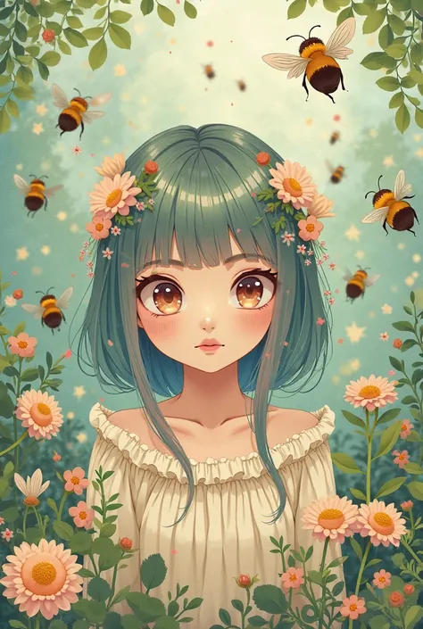 generate an image in the lofi style, And a half Japanese anime, with bee element in drawing