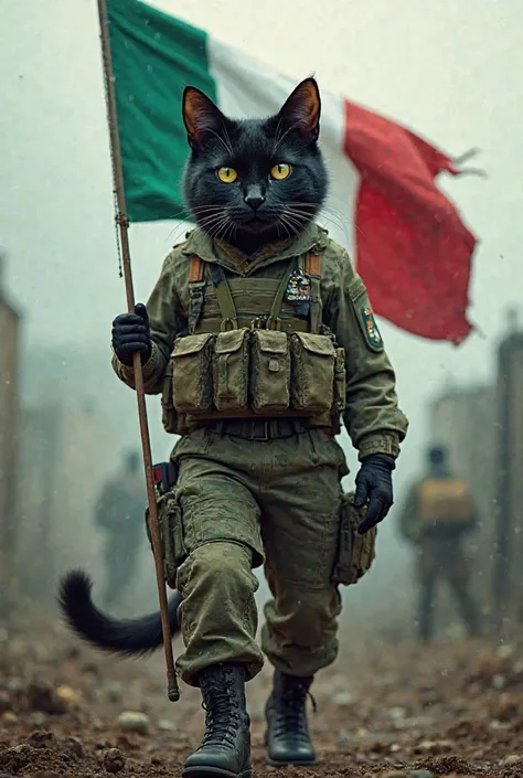 Person dressed as a soldier with weapons with the head of a black cat carrying the Guatemalan flag 