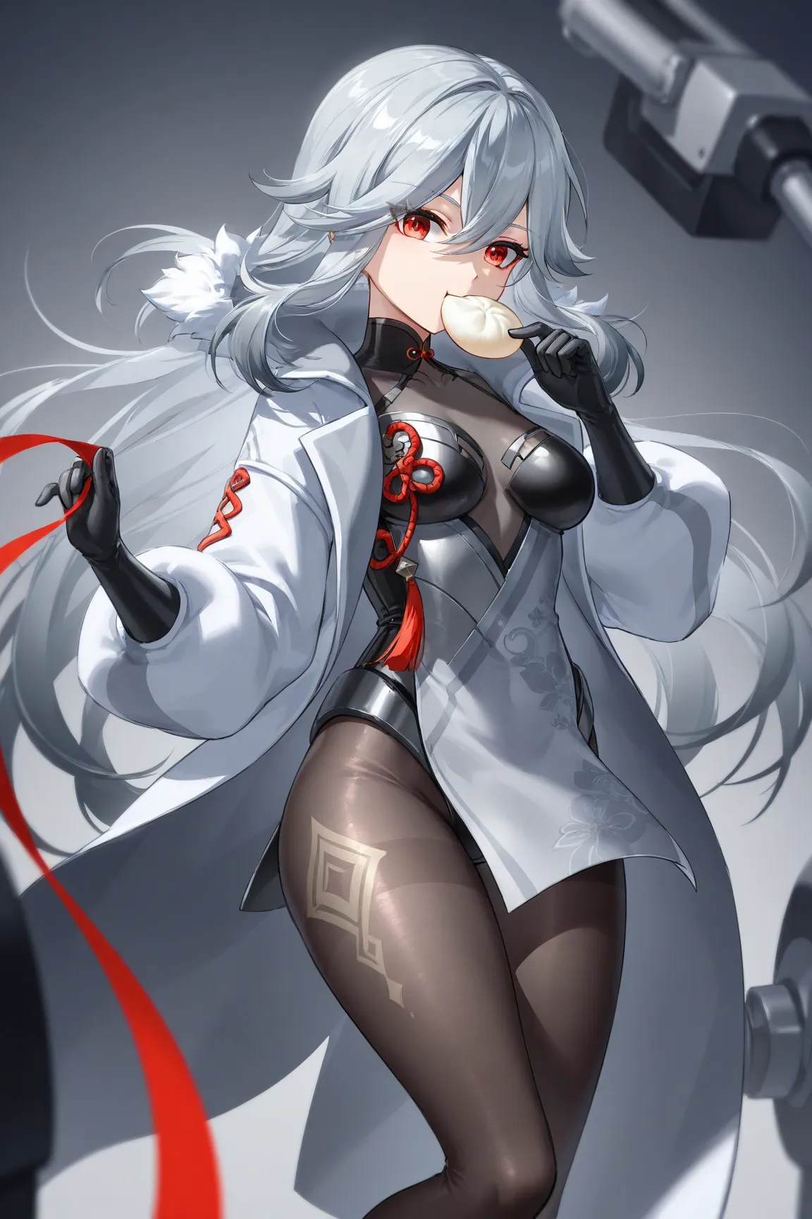 、 best thighs、 Genshin、beautiful skin、Clear shadows、front、 Long Coat 、Gray Hair、 red eyes、black tights、Machine clothes、 long hair、Eating dumplings