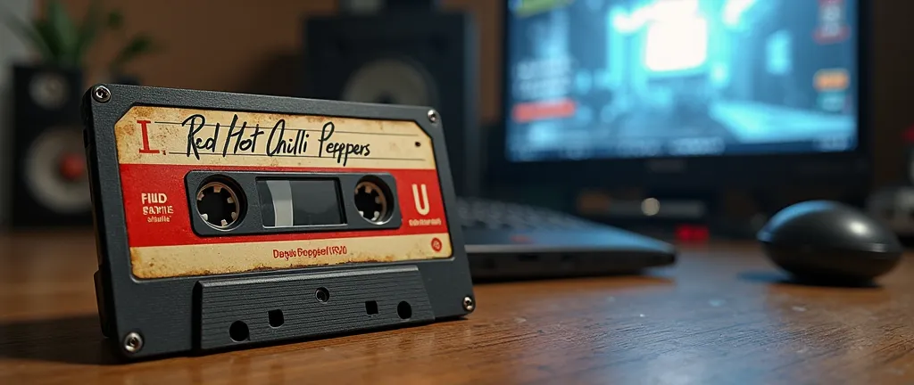  K7 audio tape, old,  written "Red Hot Chili Peppers" Lens In the foreground. Blurred background of a Playstation 2 video game scenario; game control; PS2 adventure game ;  