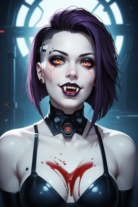 Sexy, sultry, cybernetically enhanced vampire, bionic arm, visible fangs, blood on mouth, blood on chin, blood dripping from face, long wavy dark purple hair, goth makeup, very pale skin, futuristic cyberpunk dystopian universe,