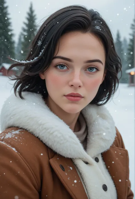 score_9, score_8_above, score_7_above, movie frame,  pretty woman, no make above, winter outfit, Blush, black hair, head tilt,  hair blowing in the wind , snow drift from the Arctic Circle,   snowing,  snowflakes , Cold, Bumps ,  Getting closer to perfecti...