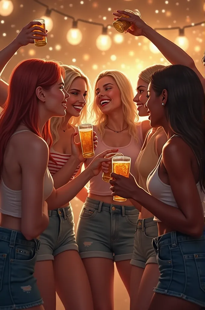 Five friends dancing and drinking beer together. There has to be a 20-year-old redhead, a 25-year-old blonde, a 30-year-old dark-skinned brunette , , a brown girl with short hair and 35-year-old lenses and a chubby brown girl with 45-year-old lenses.