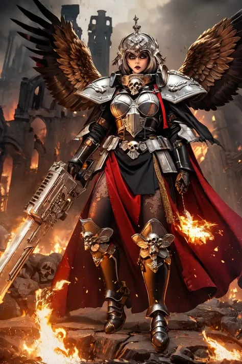 "Warhammer 40k Battle Sister with unique design: silver and gold Gothic armor,  Ornamental details (imperial eagles, skulls ,  Sacred Flames ) and combat-worn. She wears shiny black pantytights (satin effect/oily), black or metallic high heel boots with go...