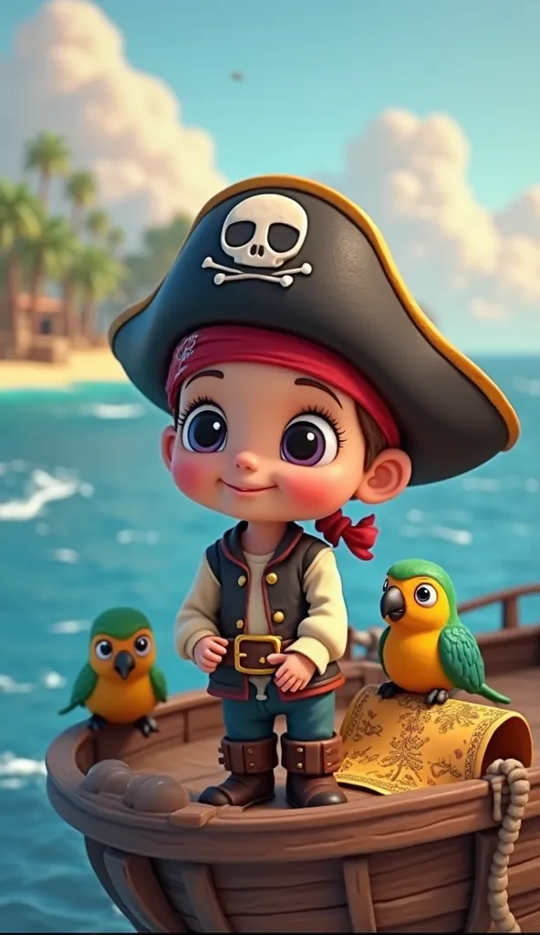 A baby pirate wears a small black hat with a cute skull symbol. She is on a ship floating over enduring waters, with a treasure island in the background. Small colorful parrots accompany her, and a magic treasure map shines next to.  Disney Pixar style 3d.