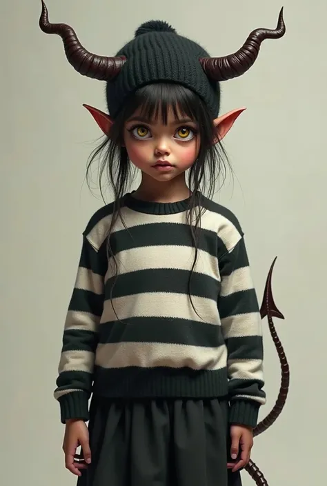 Image of a small Mexican girl with dark skin, yellow eyes, demon horns and tail, wearing a Black and white striped sweater. Black beanie, black skirt, and socks with no shoes