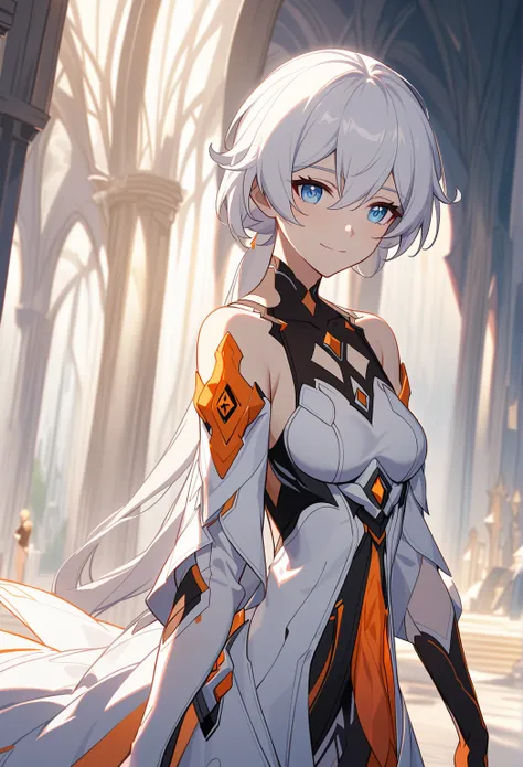 One girl, Kiana Kaslana \(Hersher of the End), Honkai Impact 3, ponytail, smile, (Very fine grain:1.37), (Diamond shaped iris:1.5)