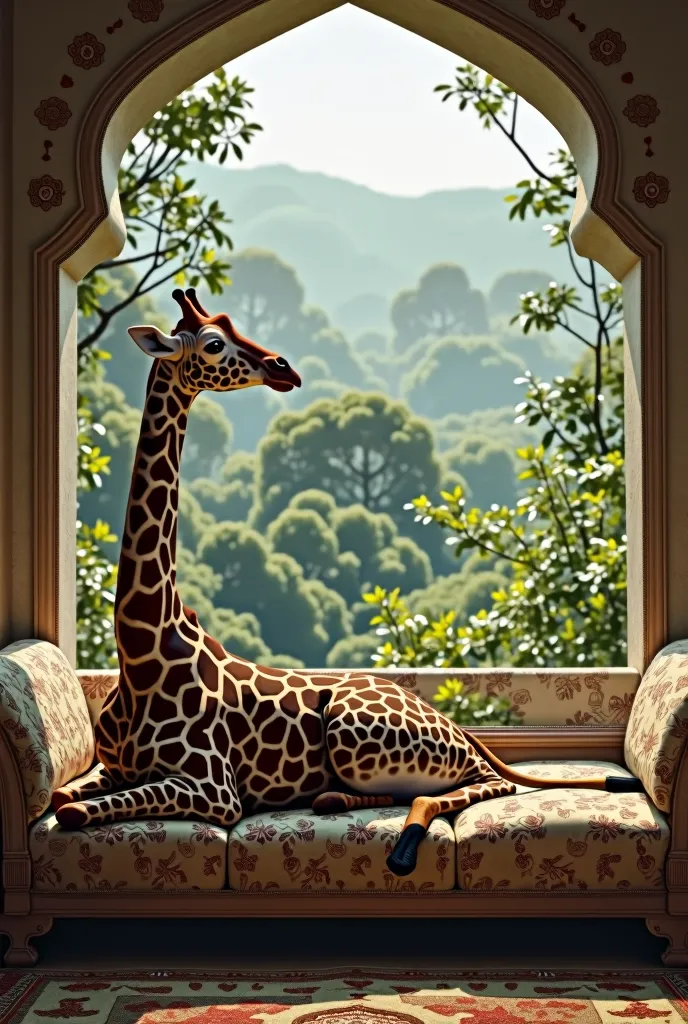 araffe sitting on a couch looking out a window at a jungle a picture by Louis Hersent, tumblr, arabesque, great view, view from behind, looking from behind, seen from behind, shot from behind, gorgeous view, epic view, from behind, stunning view, view from...