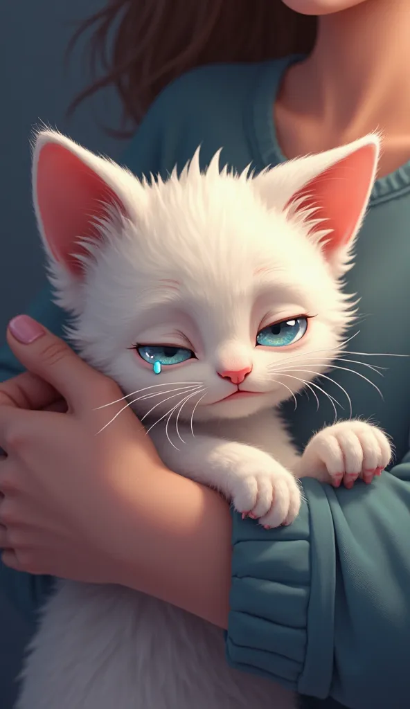 An elderly white kitten with blue eyes slowly closes her eyes, resting in her owner's arms. A small tear rolls down her cheek, reflecting sadness and love. The image is in an animated style, with an emotional and touching atmosphere