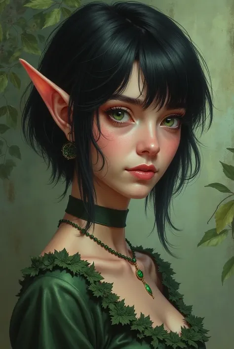 An elven woman with short black hair and green eyes, Elf Girl,Portrait of a character inspired by WLOP,  Artstation Contest Winners , Elf Portrait, a Elf Portrait, surrealist fantasy art, Female Elf,  Portrait of a Very Beautiful Elf ,  Detailed matte fant...