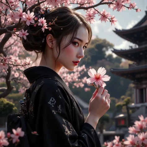 a high quality, realistic, 8k, photo-realistic, masterpiece digital art of a person wearing a black kimono, detailed facial features, elegant posture, calm expression, holding a sakura flower, in a traditional Japanese garden with cherry blossom trees, pag...