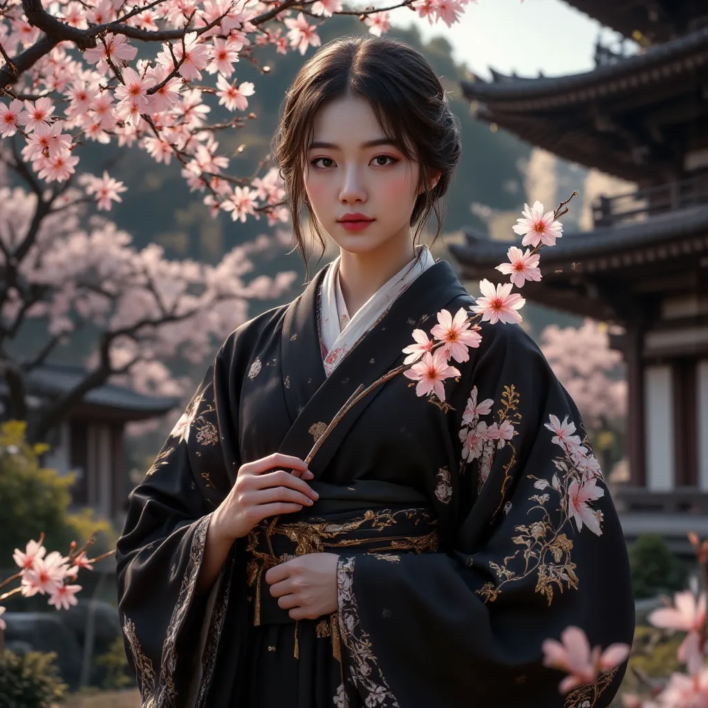 a high quality, realistic, 8k, photo-realistic, masterpiece digital art of a person wearing a black kimono, detailed facial features, elegant posture, calm expression, holding a sakura flower, in a traditional Japanese garden with cherry blossom trees, pag...