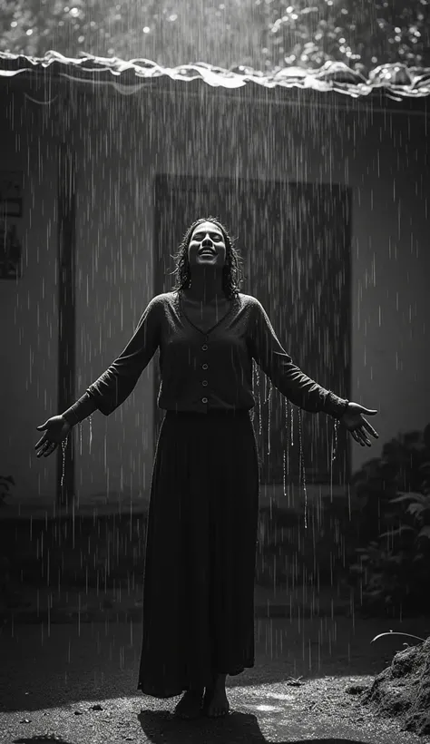 A woman all wet happily taking a rain shower in front of her house, A simple and old house.  black and white image, very dark, Realistic, 8k