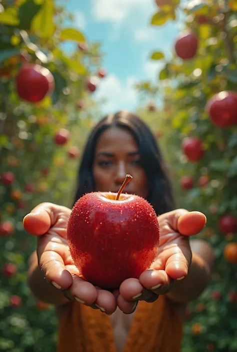 POV Realistic of a man holding a vibrant, shiny apple on the Garden of Eden. Your hands appear in the foreground, delicately holding the reddish fruit,  that reflects sunlight . The texture of the apple peel is detailed, with small dewdrops streaming acros...