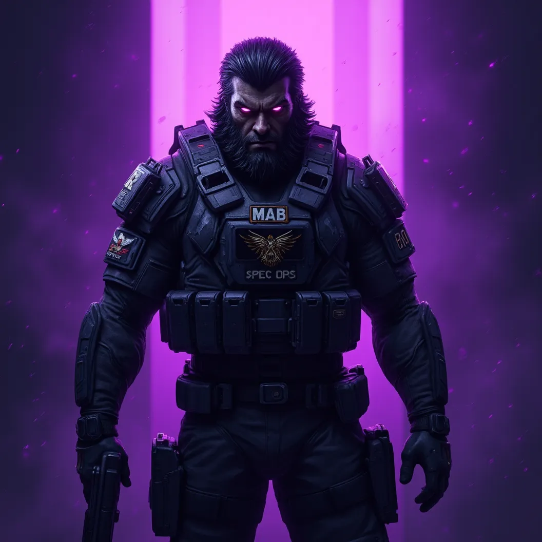 Special forces emblem. Include a muscular spec ops Crow. Include the name "MAB" on a special forces patch on uniform. Include the name "Crow" on armor. Mean look on his face. Sinister, smug smirk. Glowing purple light, steel, badass crow soldier, Spec Ops ...