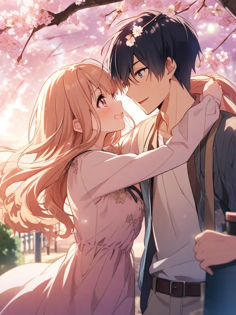 *"A romantic anime-style illustration of a high school couple on their first date. The age boy, wearing a casual yet stylish outfit, stands face-to-face with the girl, who has flowing hair and a charming dress. They gaze into each other's eyes with a mix o...