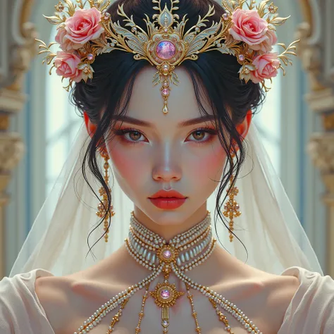 hyperrealism、Goddess with a gentle expression by Shadrack Yaroshelev、gothic futuristic style、Vibrant color scheme、Super precise and super detailed illustration、uhd images、 Luxurious Costume Details、 complicated costume、（cathedral：1.6）、（ Beautiful Clear Bac...