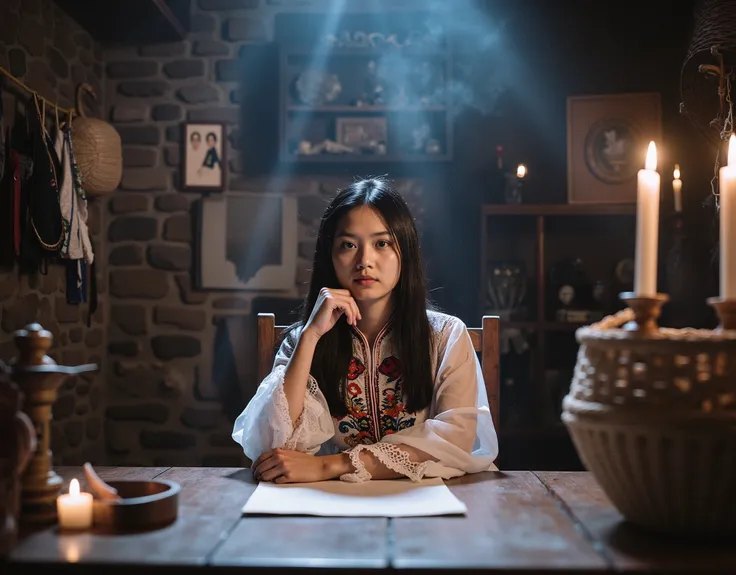 A professional photograph of a woman sitting at a rustic wooden table in a dimly lit, mystical room. She has long, straight black hair, warm brown skin, and deep, expressive eyes. She wears a traditional white dress adorned with intricate floral embroider...