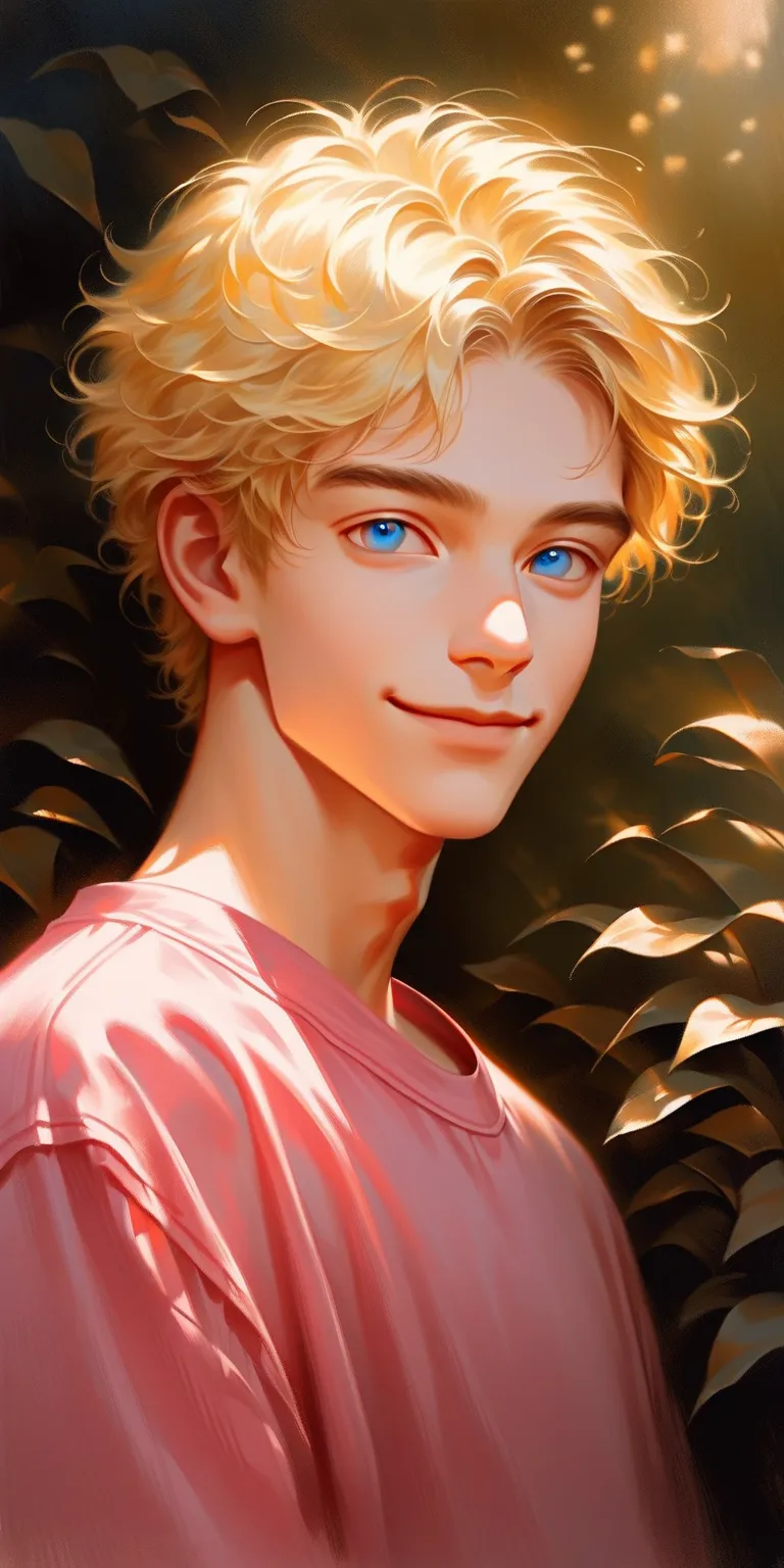 1 man, He has short blonde hair, big blue eyes. Kind face, smiling, He wears a pink shirt