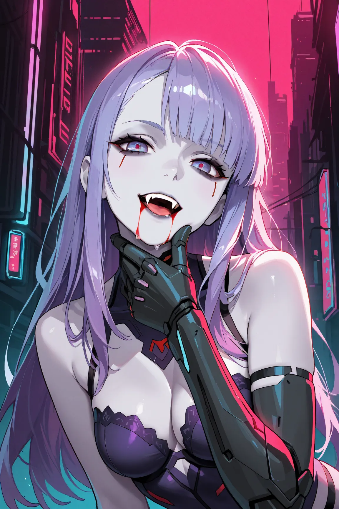 Sexy, sultry, cybernetically enhanced vampire, bionic arm, visible fangs, blood on mouth, blood on chin, blood dripping from face, long wavy dark purple hair, goth makeup, very pale skin, futuristic cyberpunk dystopian universe,