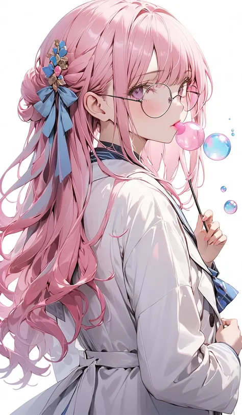 8k resolution, masterpiece, masterwork, perfect proportion, semi-realistic, scientific, focus on face, 1 girl, petite face, vibrant pink long hair:1.3, round glasses, serene and determined expression:1.2, wearing a school uniform with a white lab coat, sci...