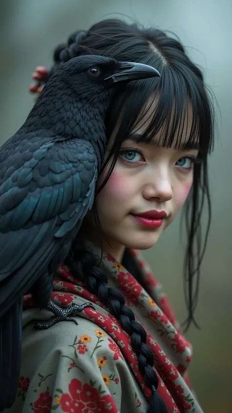 A black crow landed on the woman's shoulder.The woman is wearing a flower scarf. Her braided hair is visible from the back of the scarf. Her bangs are visible from the front of the scarf. detailed and distinct background. pale dark colors. gloomy atmospher...