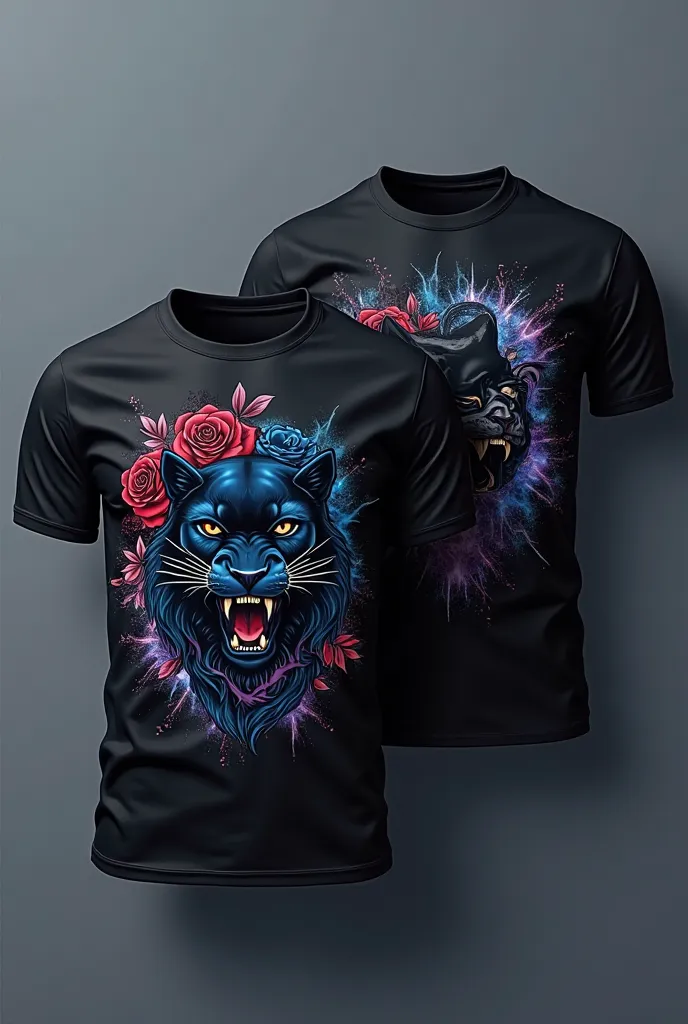 Make two black shirts with dark blue, Rose and a panther