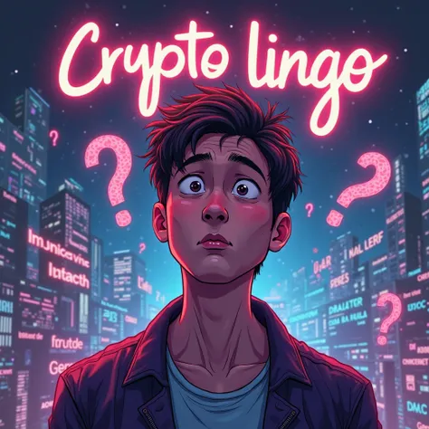 Confused Gen Z surrounded by floating crypto terms (HODL, FOMO, APY) with a giant ‘?’ above their head. Neon text: **‘Crypto Lingo: Bisa Ini Baru Boleh Masuk Circle!’**."