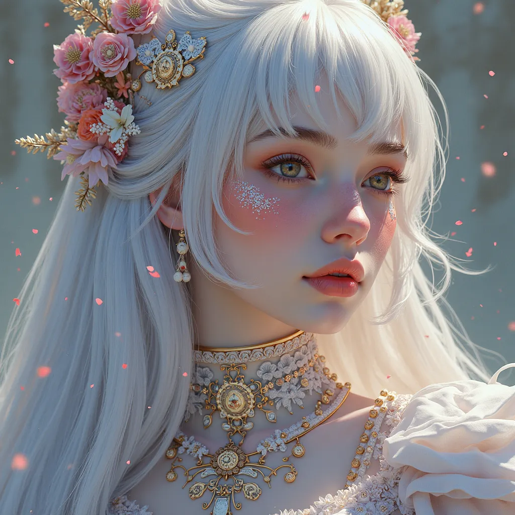 hyperrealism、Goddess with a gentle expression by Shadrack Yaroshelev、gothic futuristic style、Vibrant color scheme、Super precise and super detailed illustration、uhd images、 Luxurious Costume Details、 complicated costume、（cathedral：1.6）、（ Beautiful Clear Bac...