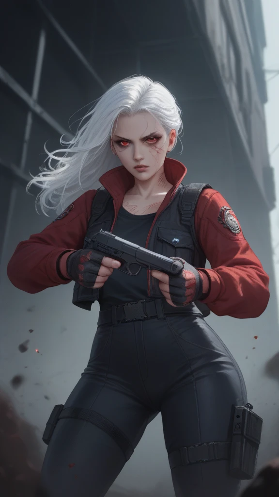 Anime girl long white hair red eyes, With guns in their hands and with wounds 