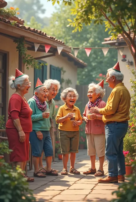 lost of old people outside the house do party