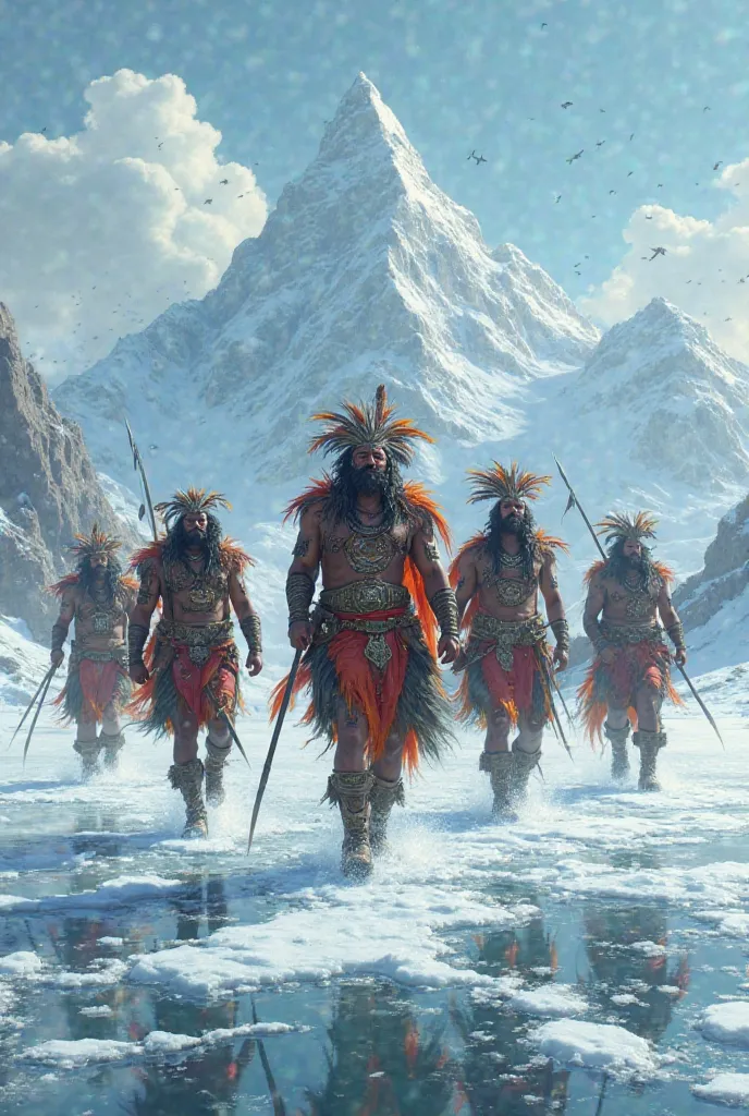 5 Aztec men walking on the frozen sea