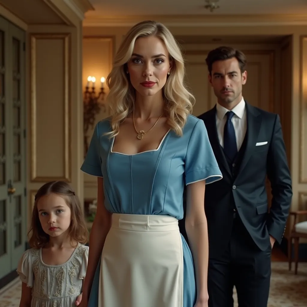 A dramatic, cinematic YouTube thumbnail, clearly showing three characters from the waist up: in the center, a stunningly beautiful 25-YEAR-OLD blonde nanny wearing a smart, formal nanny uniform in vibrant blue with a crisp white apron. Beside her, looking ...